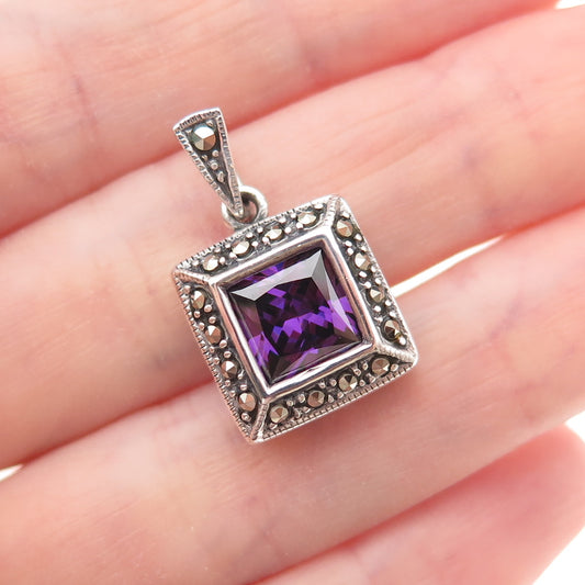 925 Sterling Silver Vintage Real Amethyst & Marcasite Oxidized Charm Pendant