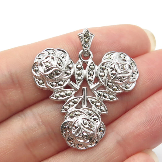 925 Sterling Silver Vintage Real Marcasite Gemstone Rose Floral Pendant