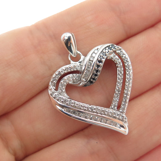 925 Sterling Silver Real Black & White Diamond Heart Charm Pendant