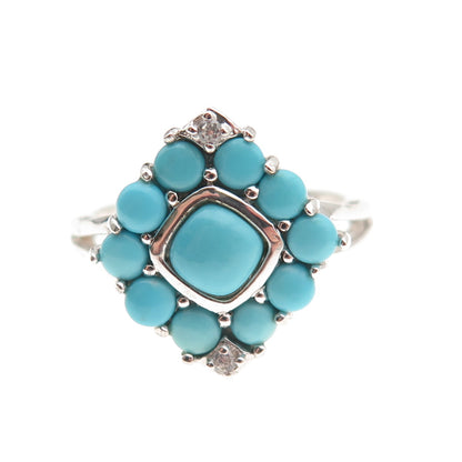 925 Sterling Silver Real Sleeping Beauty Turquoise & White Topaz Ring Size 8
