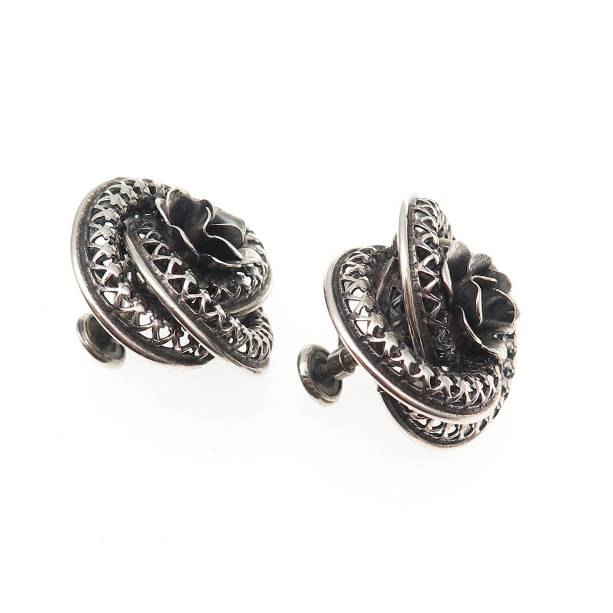 DANECRAFT Sterling Silver Antique Art Deco Flower Oxidized Screw Back Earrings