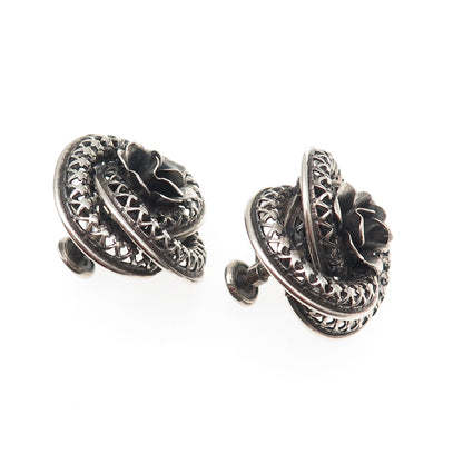 DANECRAFT Sterling Silver Antique Art Deco Flower Oxidized Screw Back Earrings