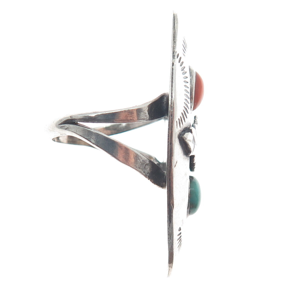 MARGARET LEE Navajo Old Pawn 925 Sterling Turquoise & Coral Ring Size 6.75