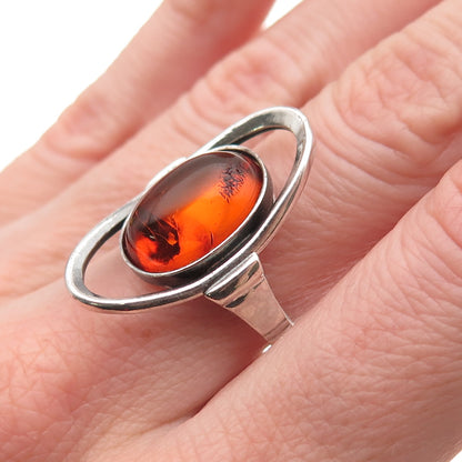 925 Sterling Silver Vintage MW Poland Real Amber Modernist Ring Size 7.25
