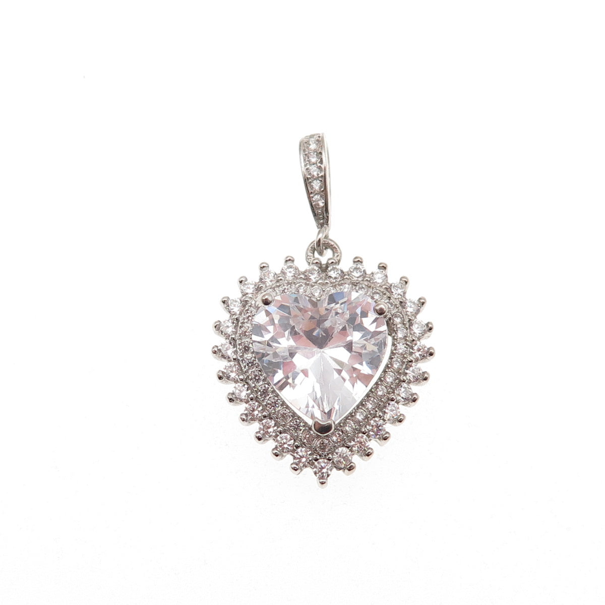 925 Sterling Silver Heart & Round-Cut C Z Charm Pendant