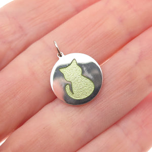 925 Sterling Silver Green Enamel Cat Round Tag Mini Charm Pendant