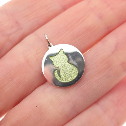 925 Sterling Silver Green Enamel Cat Round Tag Mini Charm Pendant
