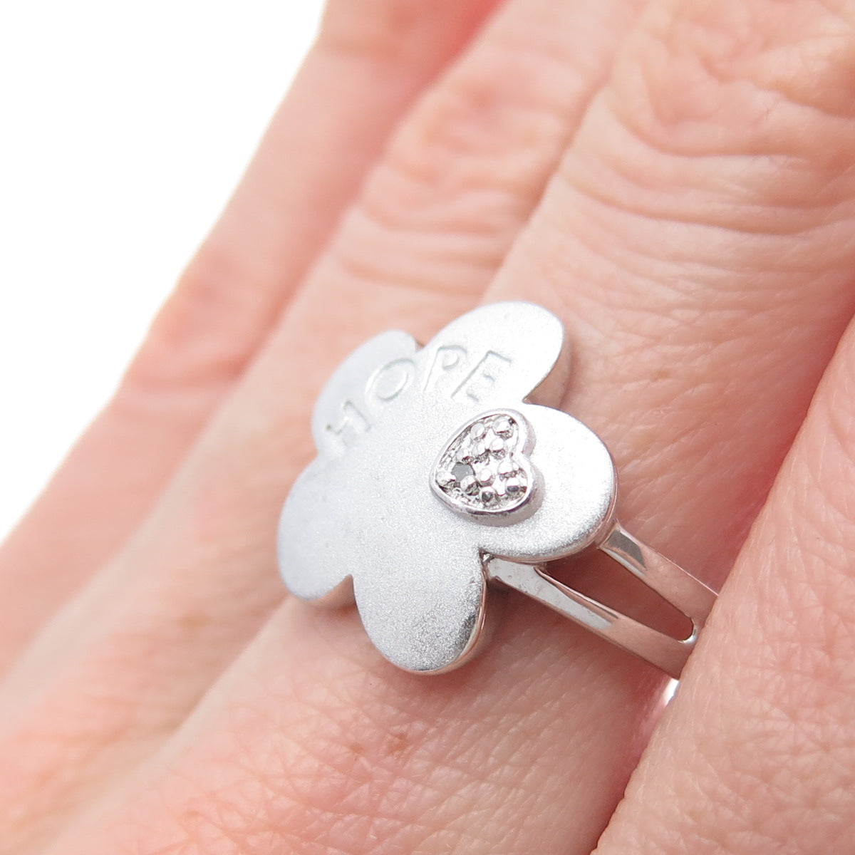 ROSS SIMONS 925 Sterling Silver Real Diamond Hope Flower Ring Size 7.75