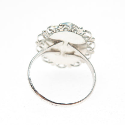 925 Sterling Silver Vintage Faux Turquoise Filigree Flower Ring Size 8
