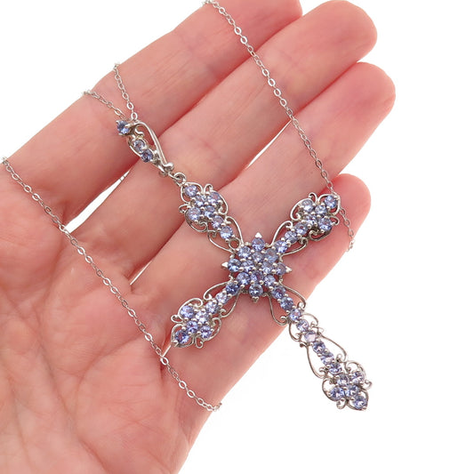 Chuck Clemency 925 Sterling Silver Real Tanzanite Large Cross Chain Necklace 18"