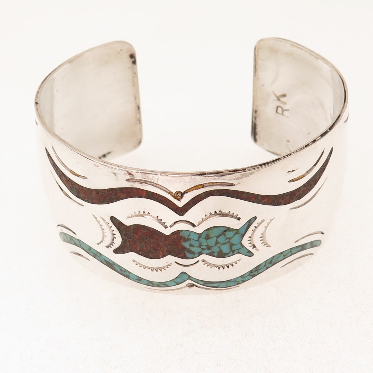 Regina Kallestewa Zuni Old Pawn Sterling Turquoise & Coral Inlay Bracelet 6.75"
