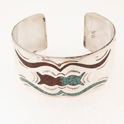 Regina Kallestewa Zuni Old Pawn Sterling Turquoise & Coral Inlay Bracelet 6.75"