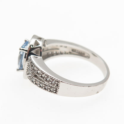 925 Sterling Silver Oval-Cut Blue & Round-Cut White C Z Ring Size 9