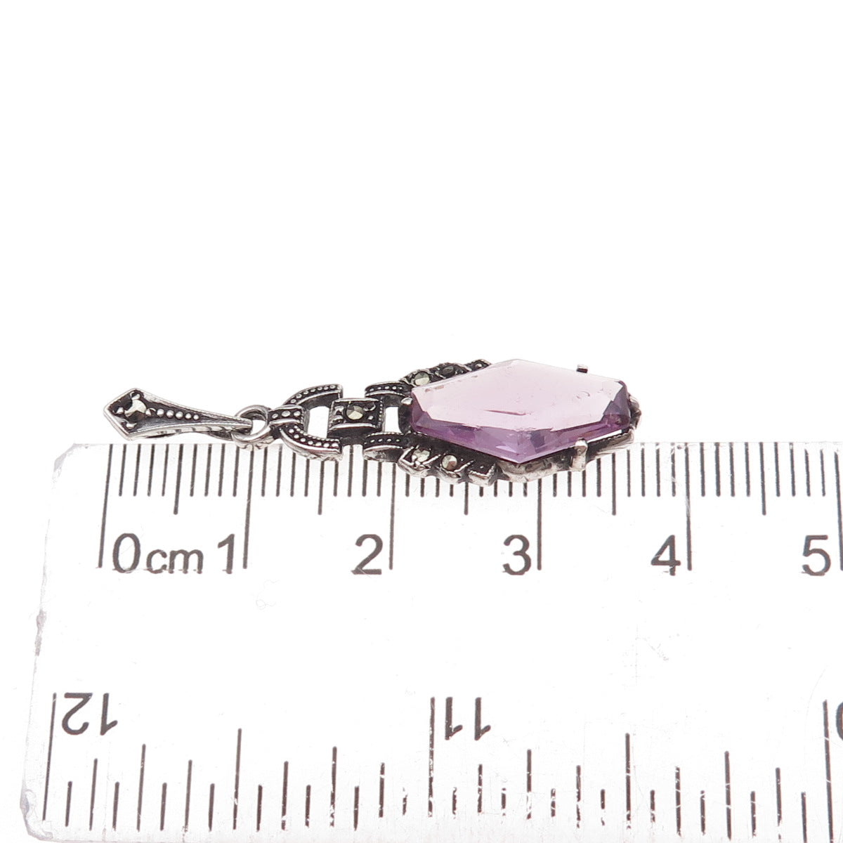 925 Sterling Silver Antique Art Deco Real Amethyst & Marcasite Charm Pendant