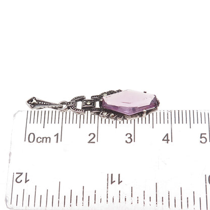 925 Sterling Silver Antique Art Deco Real Amethyst & Marcasite Charm Pendant