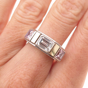 Classique 925 Sterling Silver 14K Gold Vintage White & Pink C Z Ring Size 6.25