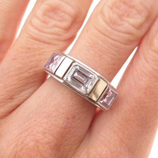 Classique 925 Sterling Silver 14K Gold Vintage White & Pink C Z Ring Size 6.25