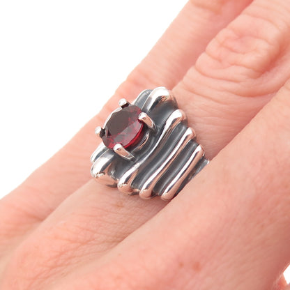 925 Sterling Silver Vintage Real Red Garnet Modernist Oxidized Ring Size 6.25