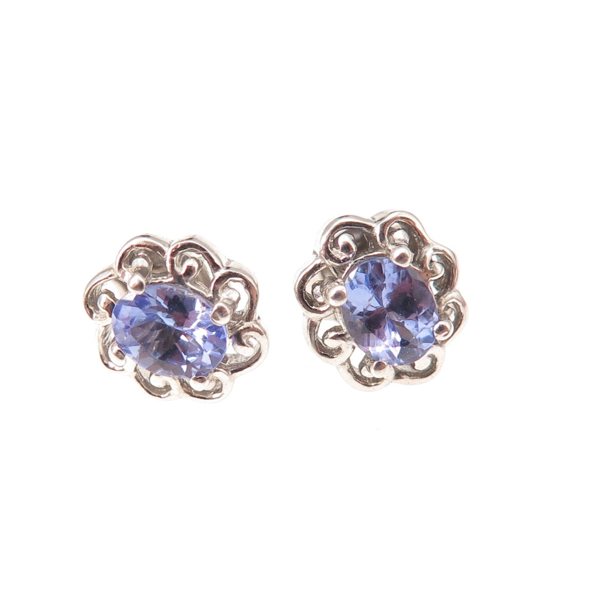 Chuck Clemency 925 Sterling Silver Real Oval-Cut Tanzanite Floral Stud Earrings