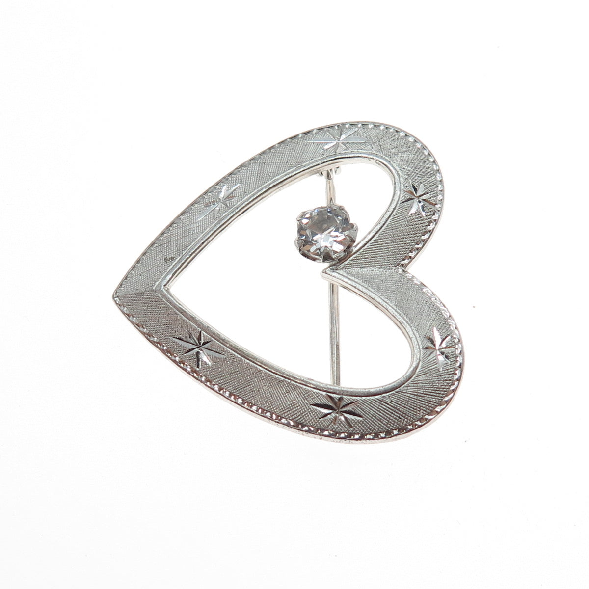 MARVEL 925 Sterling Silver Vintage Rhinestone Heart Pin Brooch