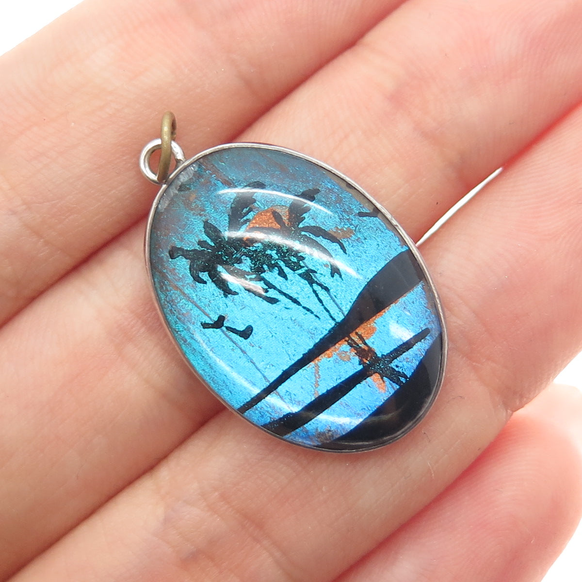 925 Sterling Silver Antique Art Deco Monarch Butterfly Wing Landscape Pendant