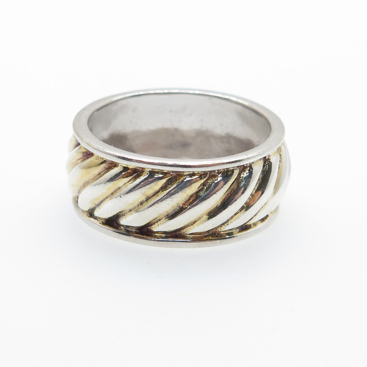 925 Sterling Silver 2-Tone Vintage Modernist Ribbed Band Ring Size 7.25