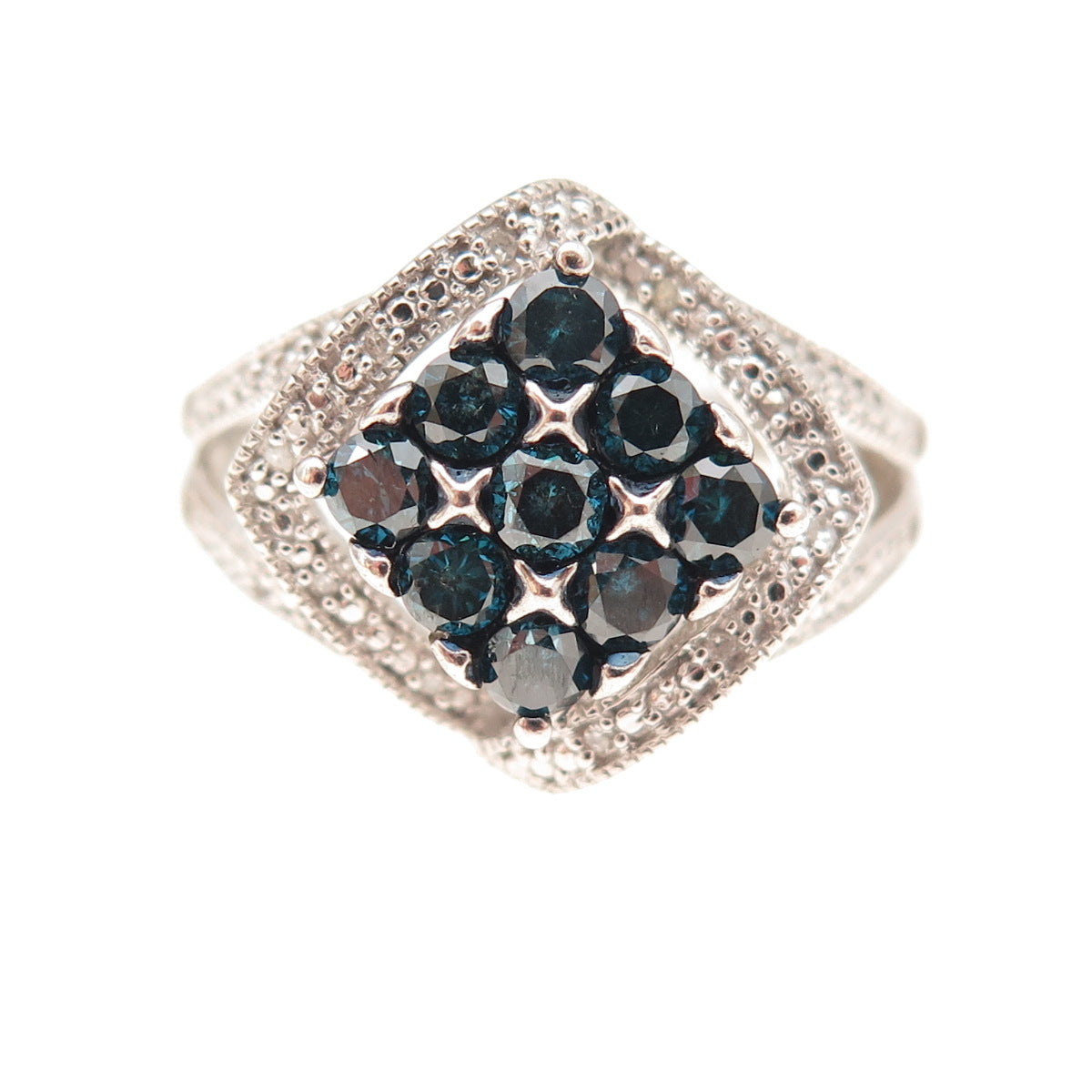 Sun 925 Sterling Silver Real Round-Cut Blue & White Diamond Ring Size 7