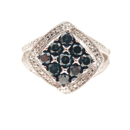 Sun 925 Sterling Silver Real Round-Cut Blue & White Diamond Ring Size 7