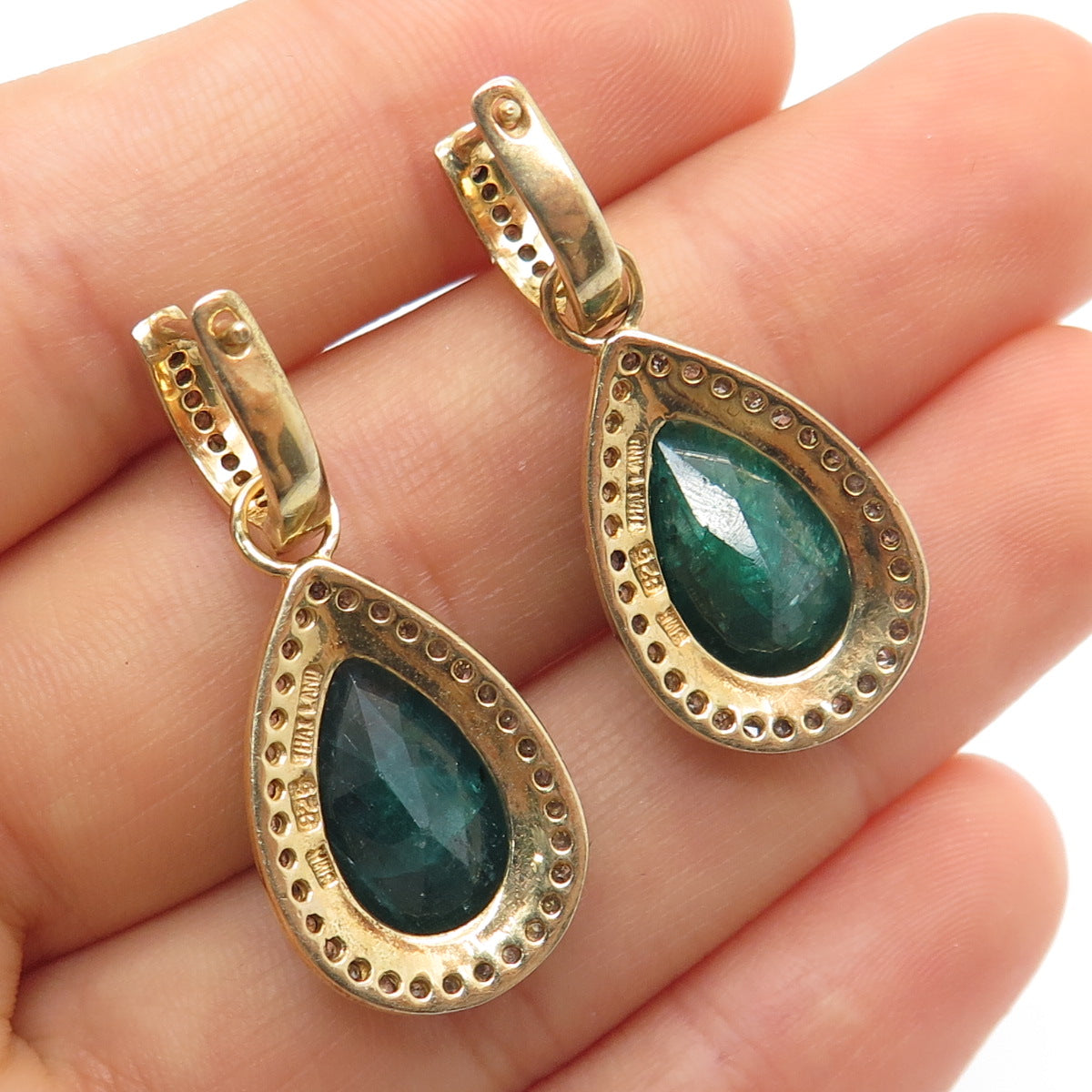 925 Sterling Silver Gold Plated Real Diamond & Emerald Dangle Earrings