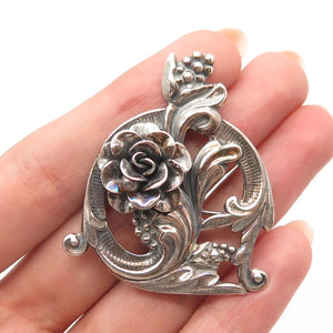 925 Sterling Silver Vintage Jewelart Rose Floral Pin Brooch