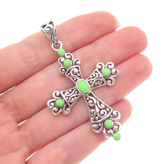 SX Sally C 925 Sterling Vintage Real Lime Green Turquoise Cross Charm Pendant