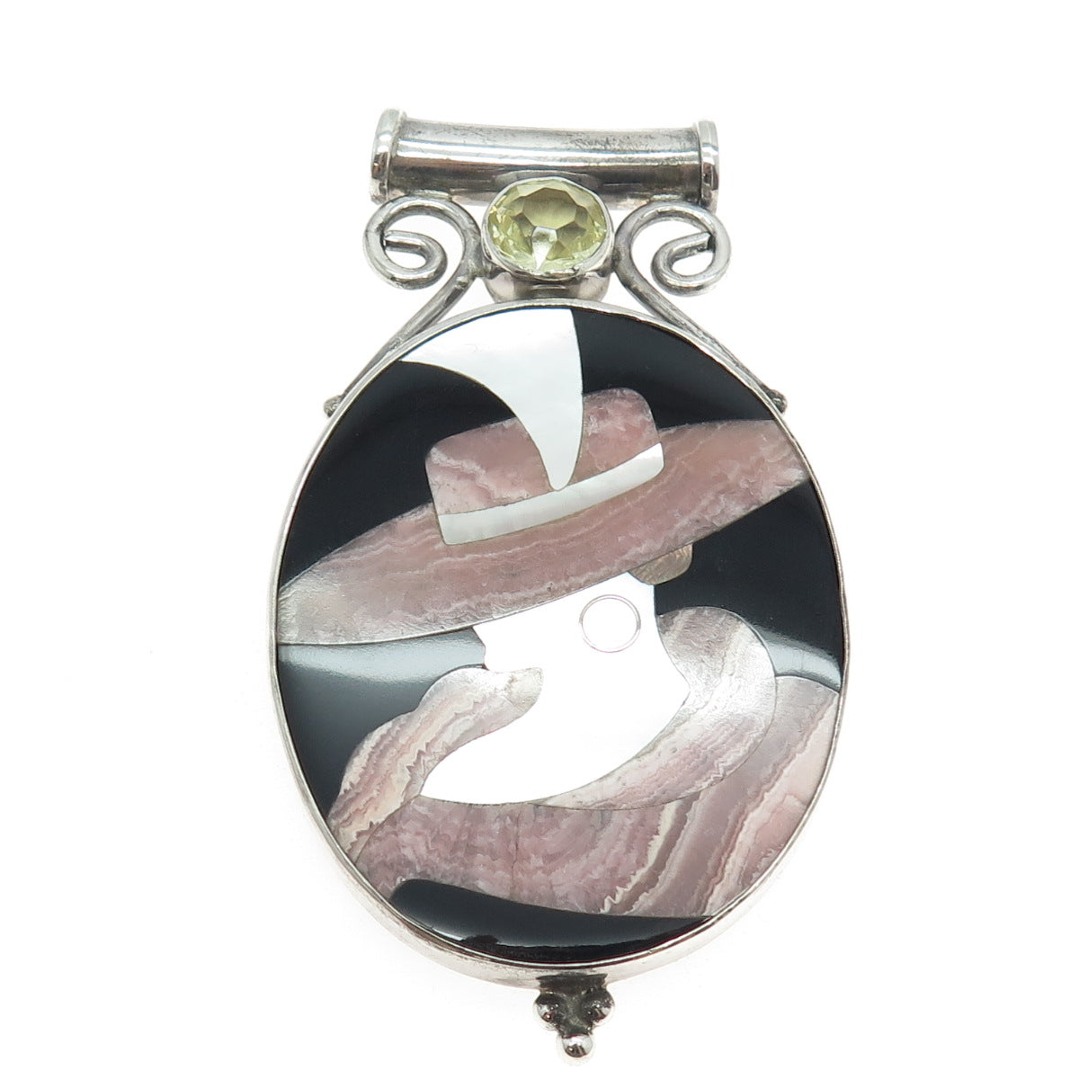 925 Sterling Silver Vintage Citrine MOP Black Onyx Agate Gem Inlay Lady Pendant