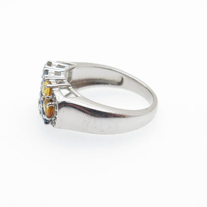 925 Sterling Silver Real Multi-Color Sapphire & White Topaz Cluster Ring Size 7