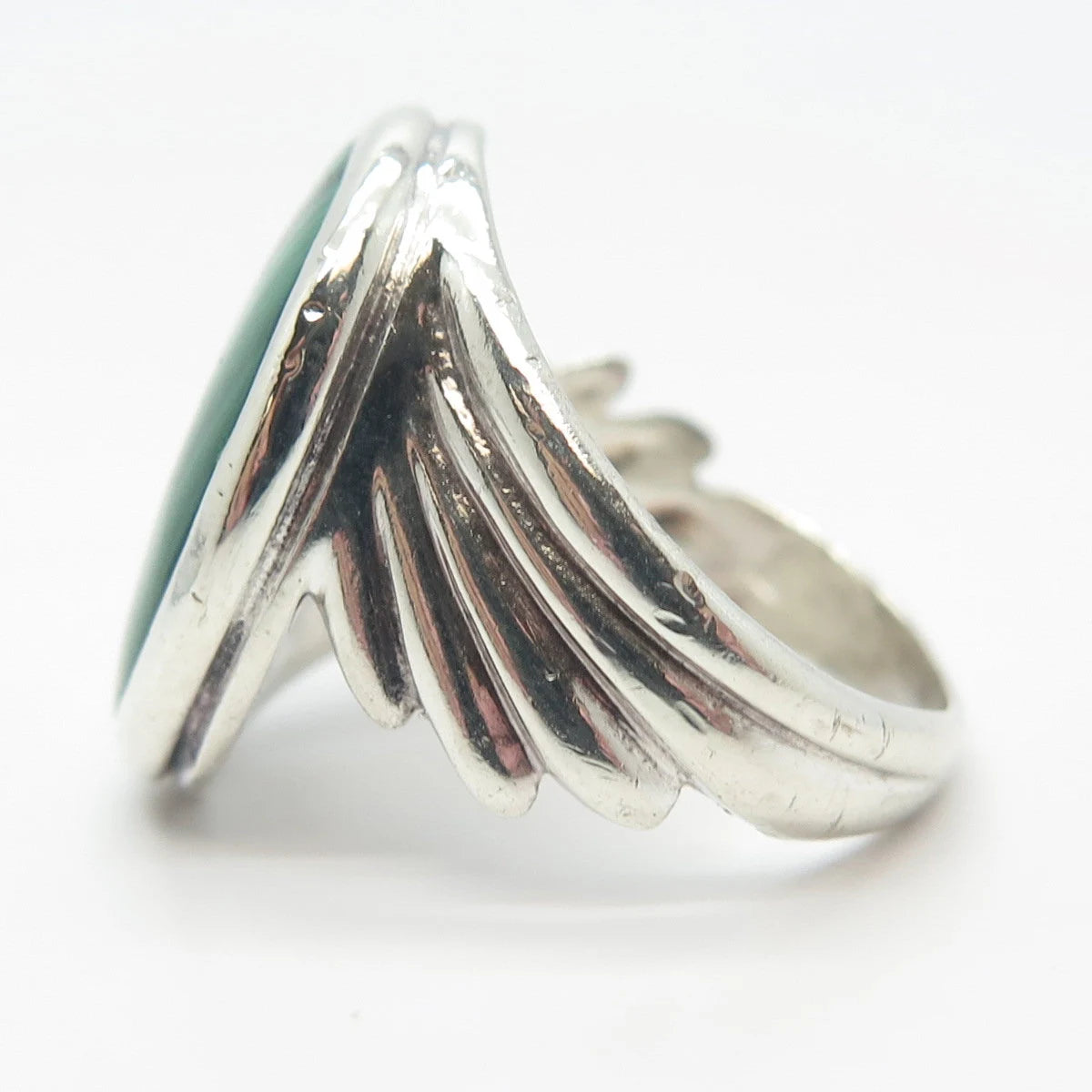 925 Sterling Silver Vintage Real Malachite Gemstone Ribbed Oval Ring Size 7.75