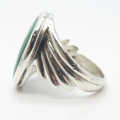 925 Sterling Silver Vintage Real Malachite Gemstone Ribbed Oval Ring Size 7.75