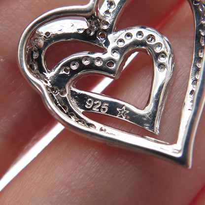 925 Sterling Silver Real Round-Cut Diamond Double Heart Minimalist Slide Pendant