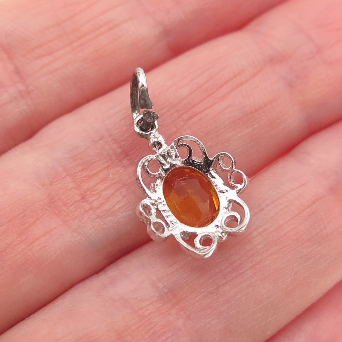 925 Sterling Silver Vintage Rhinestone Ornate Mini Charm Pendant