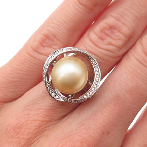 925 Sterling Silver Real Pearl & C Z Modernist Floral Ring Size 6