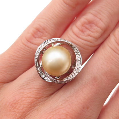 925 Sterling Silver Real Pearl & C Z Modernist Floral Ring Size 6
