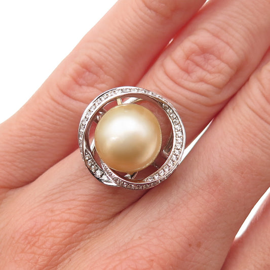 925 Sterling Silver Real Pearl & C Z Modernist Floral Ring Size 6