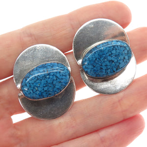 925 Sterling Silver Vintage Real Turquoise Inlay Modernist Clip On Earrings