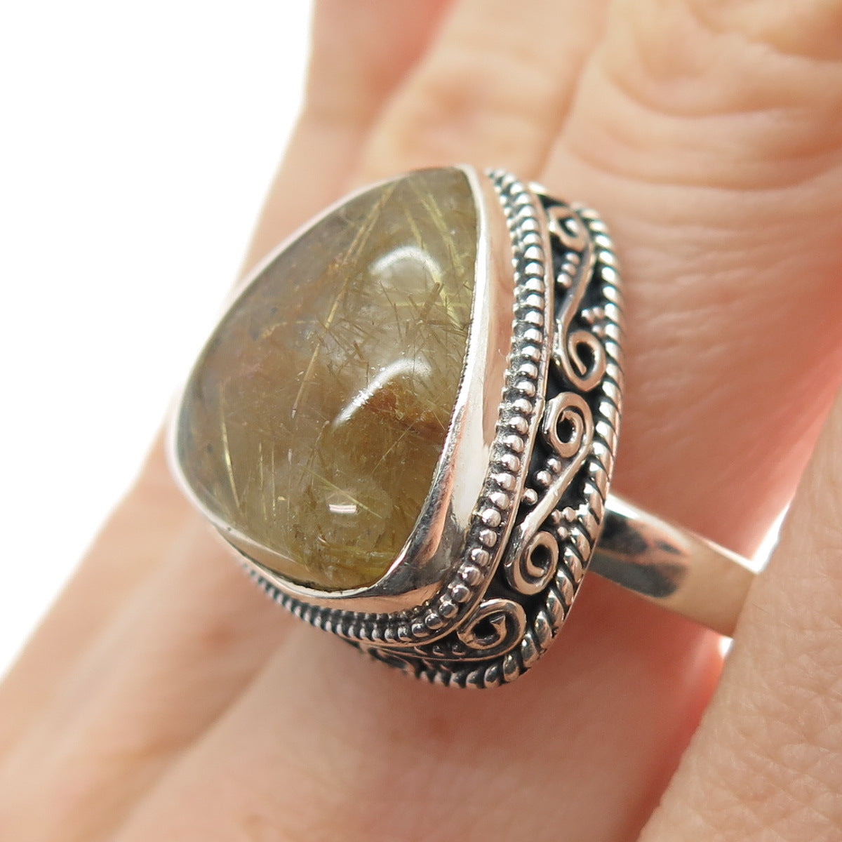 925 Sterling Silver Vintage Real Rutilated Quartz Spiral Oxidized Ring Size 9.75