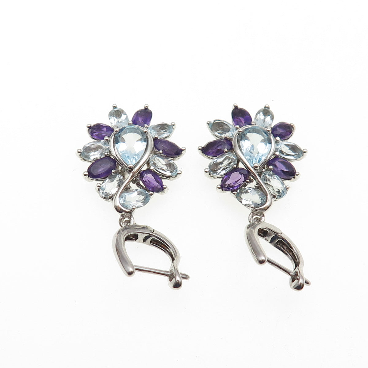 925 Sterling Silver Vintage Real Amethyst & Blue Topaz Dangle Earrings