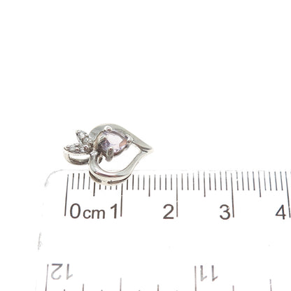 925 Sterling Silver Vintage Real Amethyst & C Z Heart Minimalist Slide Pendant