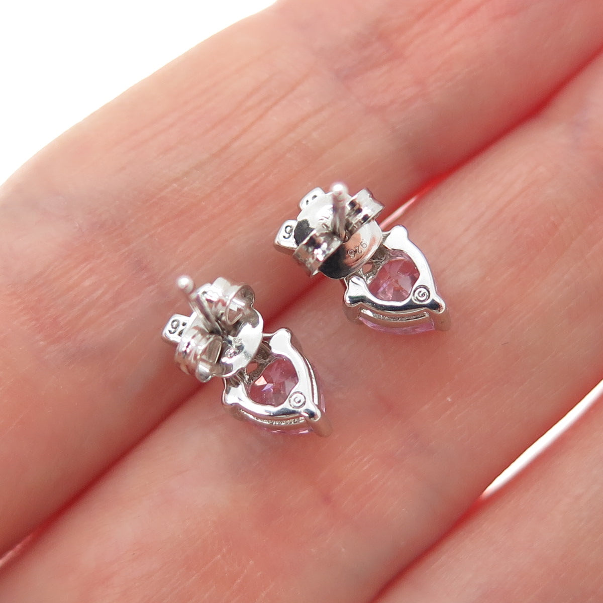 925 Sterling Silver Heart-Cut Pink & Round-Cut White C Z Earrings
