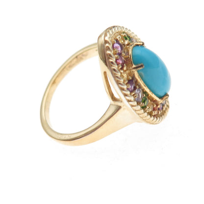 D'Joy 925 Sterling Silver Gold Plated Real Turquoise & Multi-Gem Ring Size 8