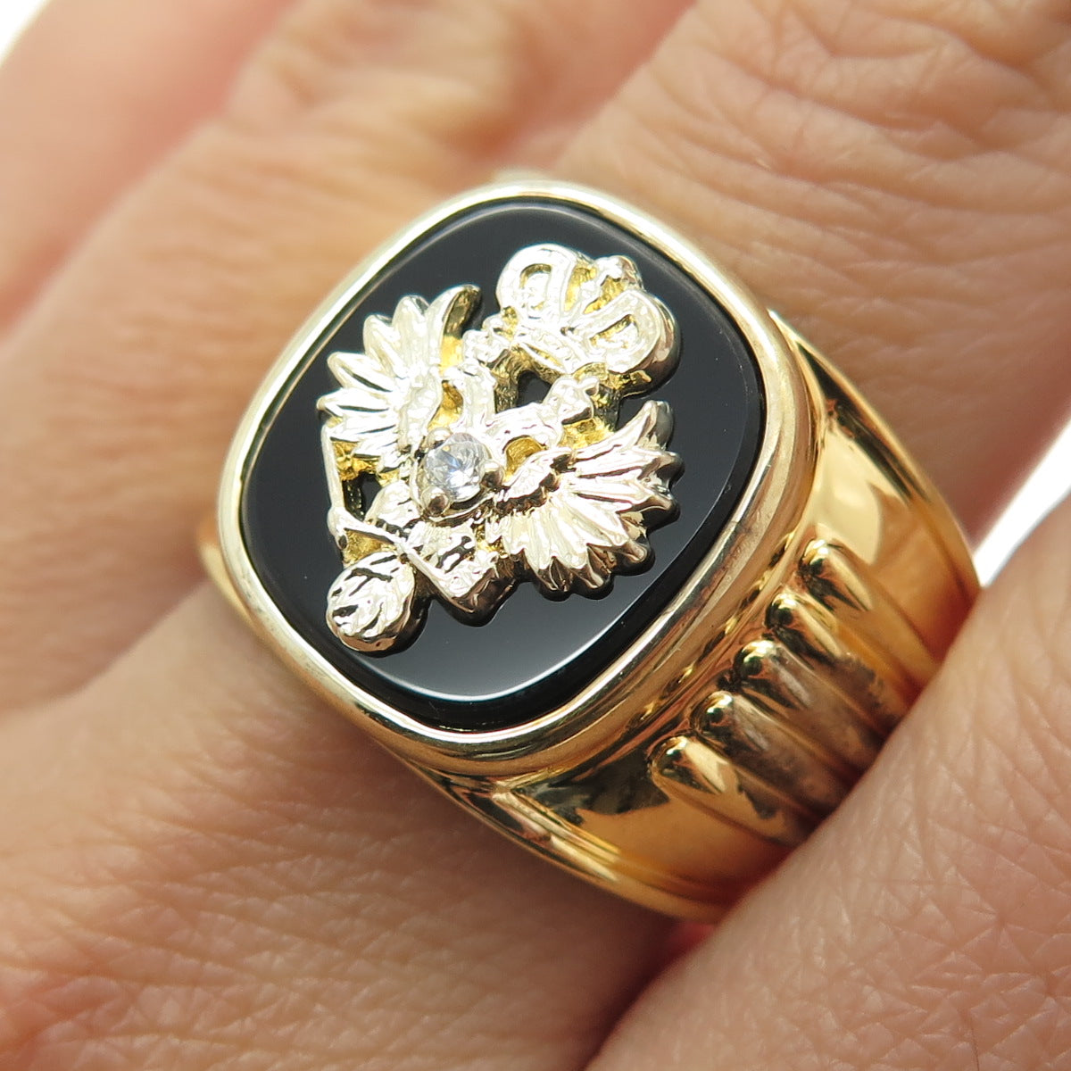 NLP TNC INC Sterling Gold Plated Vintage Onyx & C Z Coat of Arms Ring Size 9.75