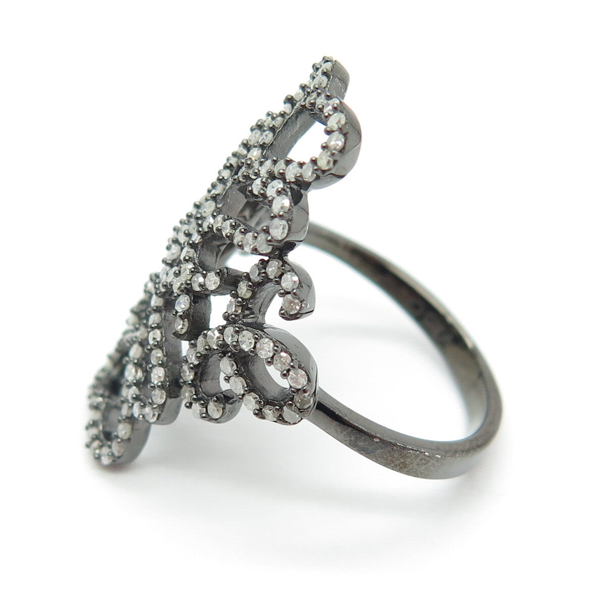 925 Sterling Silver Round-Cut Diamond Heart Floral Black Rhodium Ring Size 8.25
