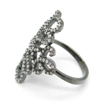 925 Sterling Silver Round-Cut Diamond Heart Floral Black Rhodium Ring Size 8.25