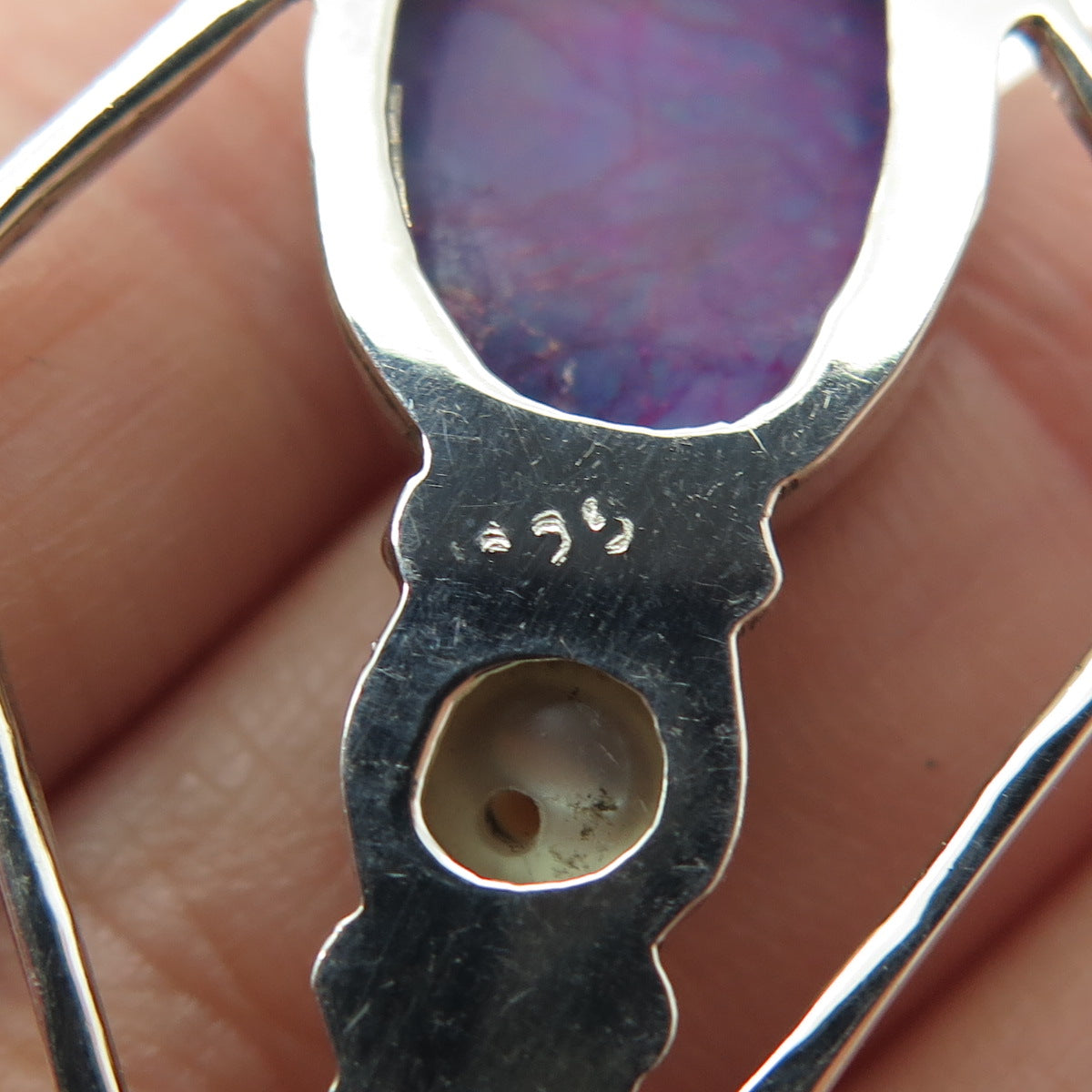 925 Sterling Silver Vintage Purple Turquoise Amethyst & Pearl Modernist Pendant